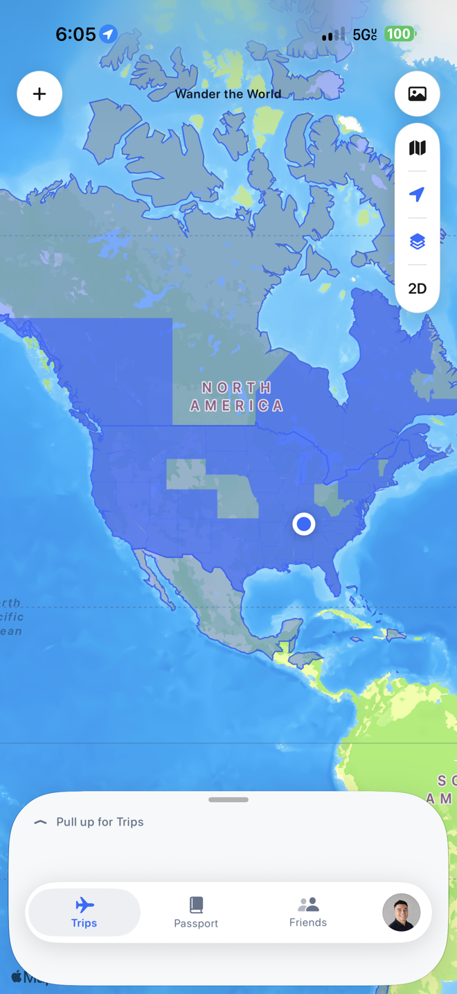 Wandered on iPhone: visited countries painted on the globe, photo pins off