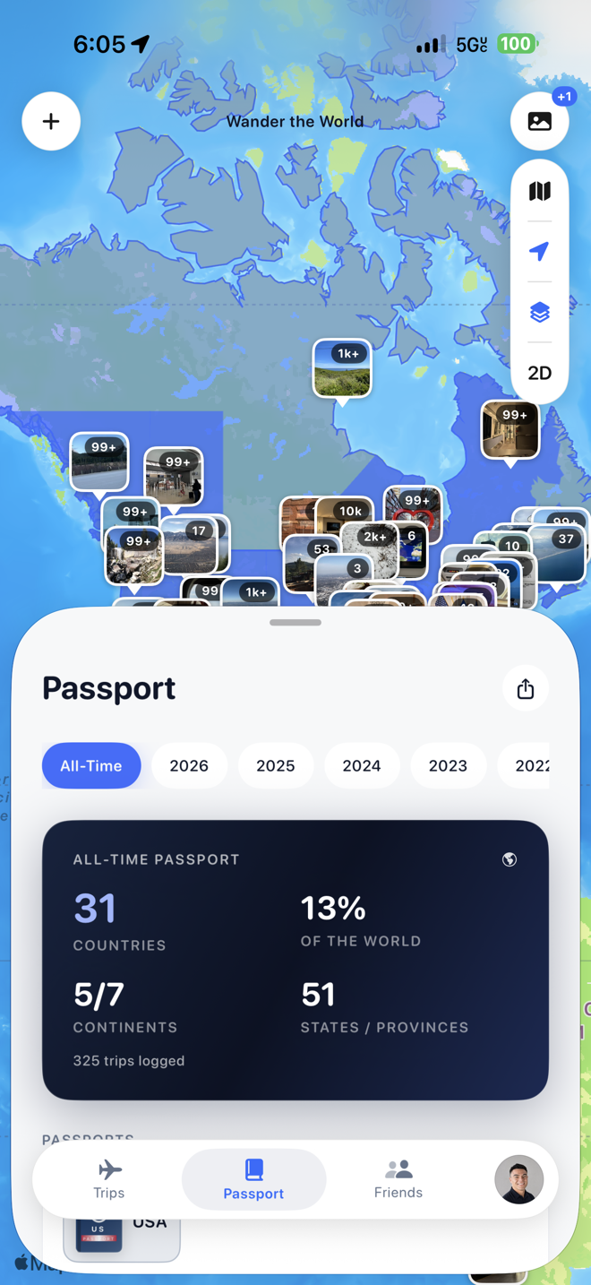 The Passport tab showing countries, continents, and percent of the world
