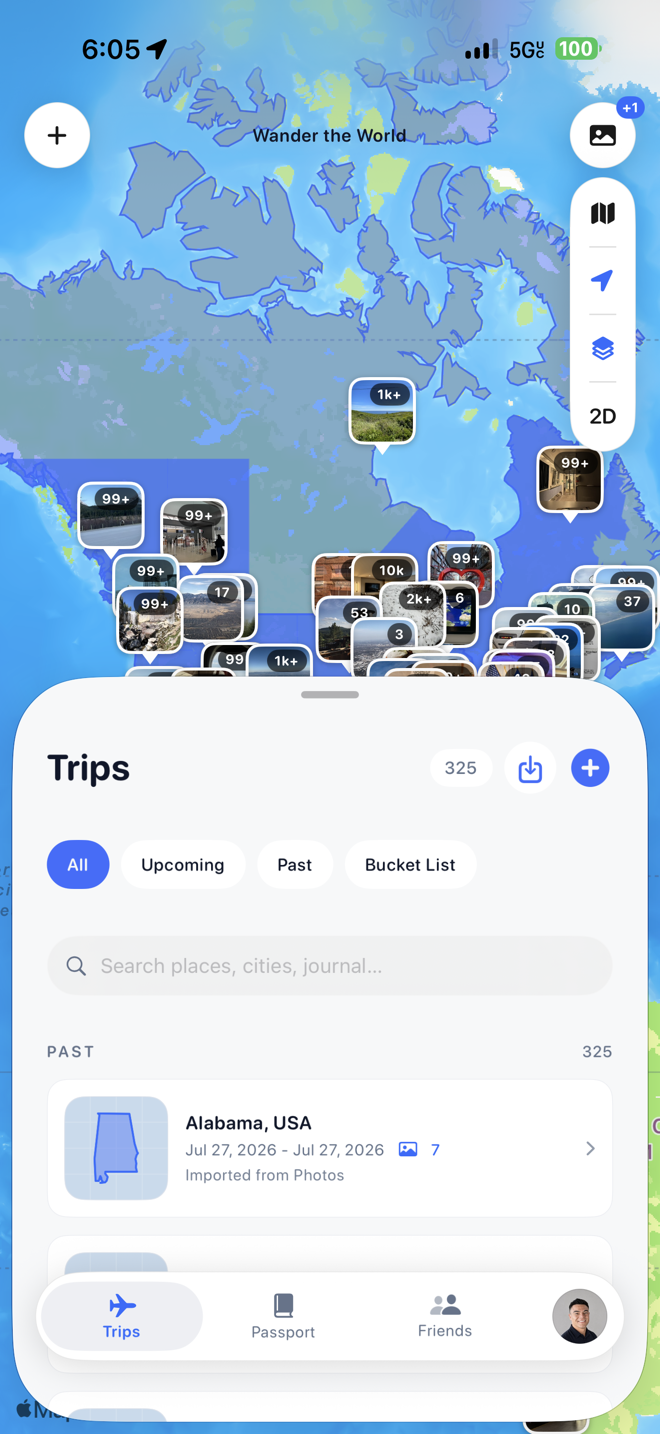The Trips tab in Wandered on iPhone with a real travel history